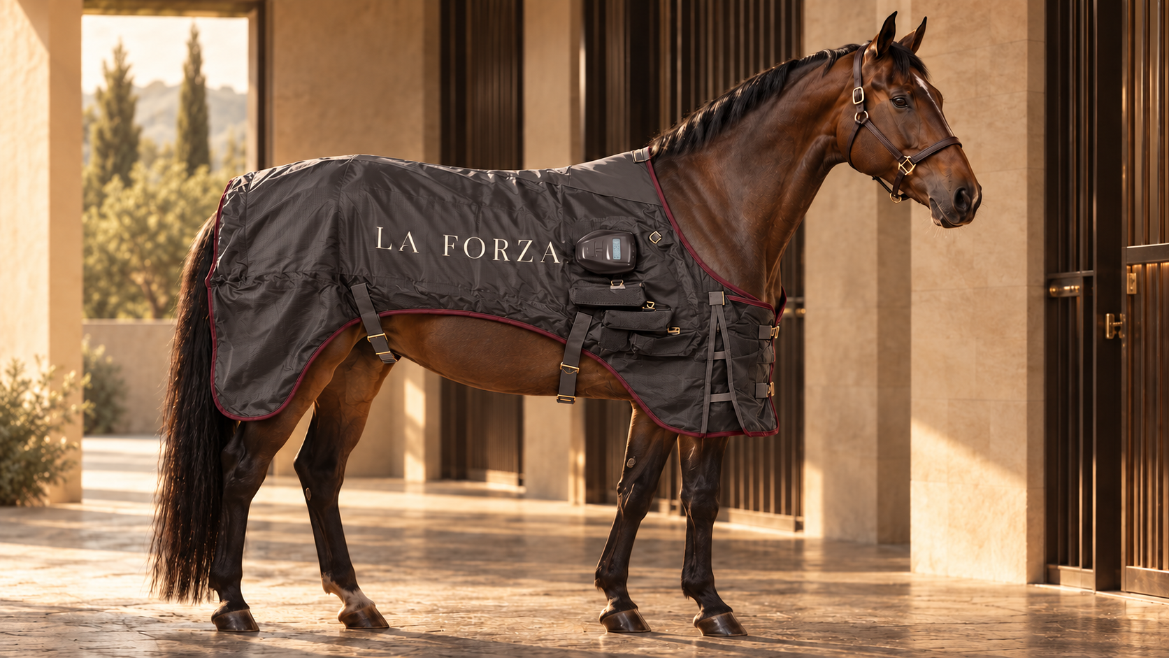 La Forza concept: a bay horse wearing the graphite HorsePower blanket with wine detailing in a sunlit stone stable