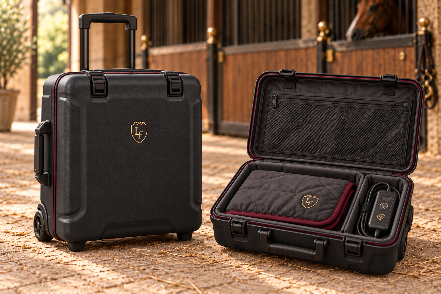 Graphite La Forza hard rolling case shown closed and open, with a fitted interior for the blanket and accessories