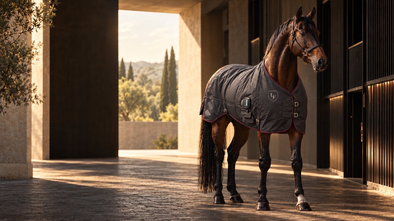 Bay sport horse wearing a graphite blanket with wine piping and a discreet champagne LA FORZA crest in a sunlit stable