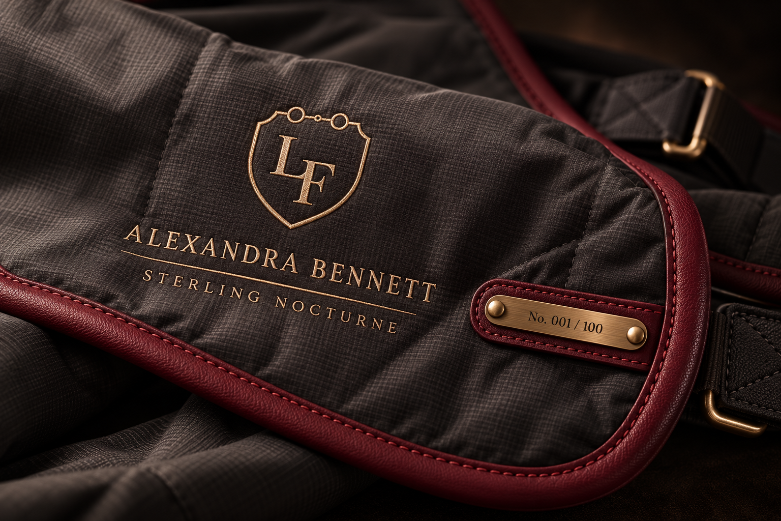 Design concept: champagne rider and horse-name embroidery, La Forza crest, wine piping and a bronze edition plaque on graphite fabric