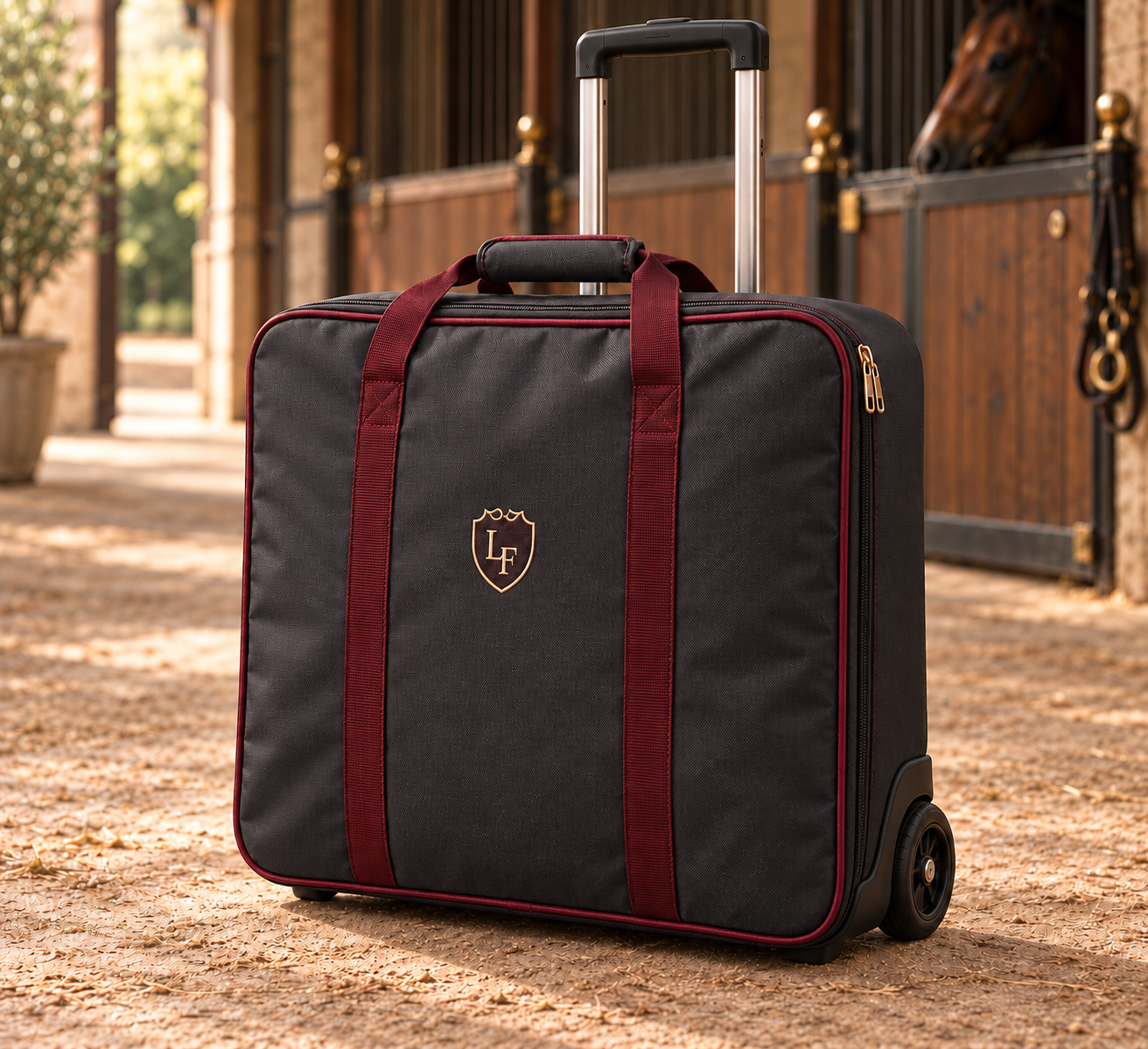Graphite La Forza soft rolling case with wine webbing, champagne LF crest and retractable handle