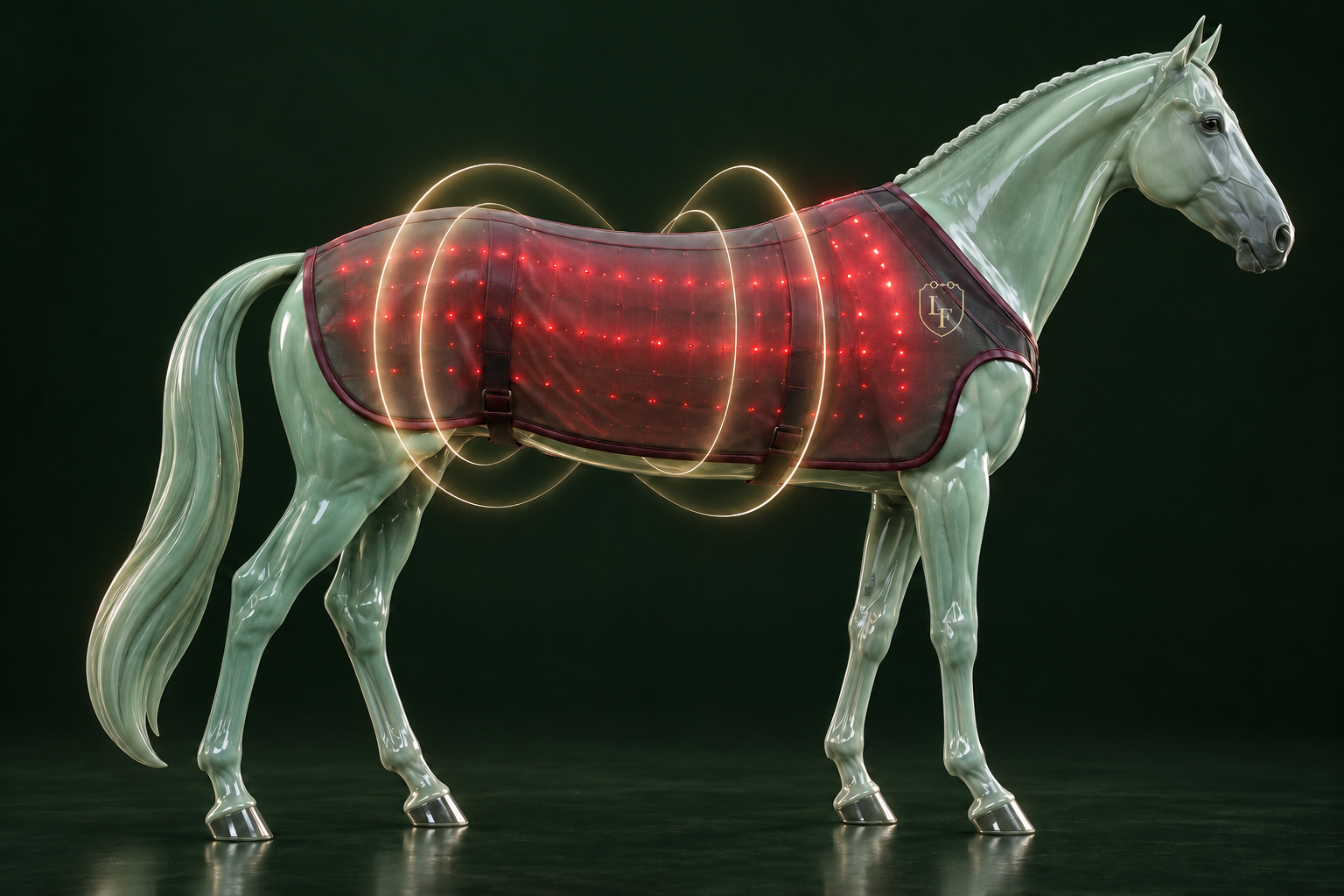 Sleek pale celadon warmblood wearing a translucent graphite blanket with the La Forza crest, with bright red LED points and champagne PEMF contours